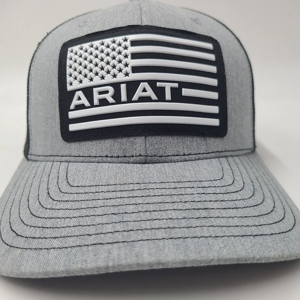 Youth Ariat Hat Snapback Trucker Mesh Gray Black American Flag Patch USA Outdoor